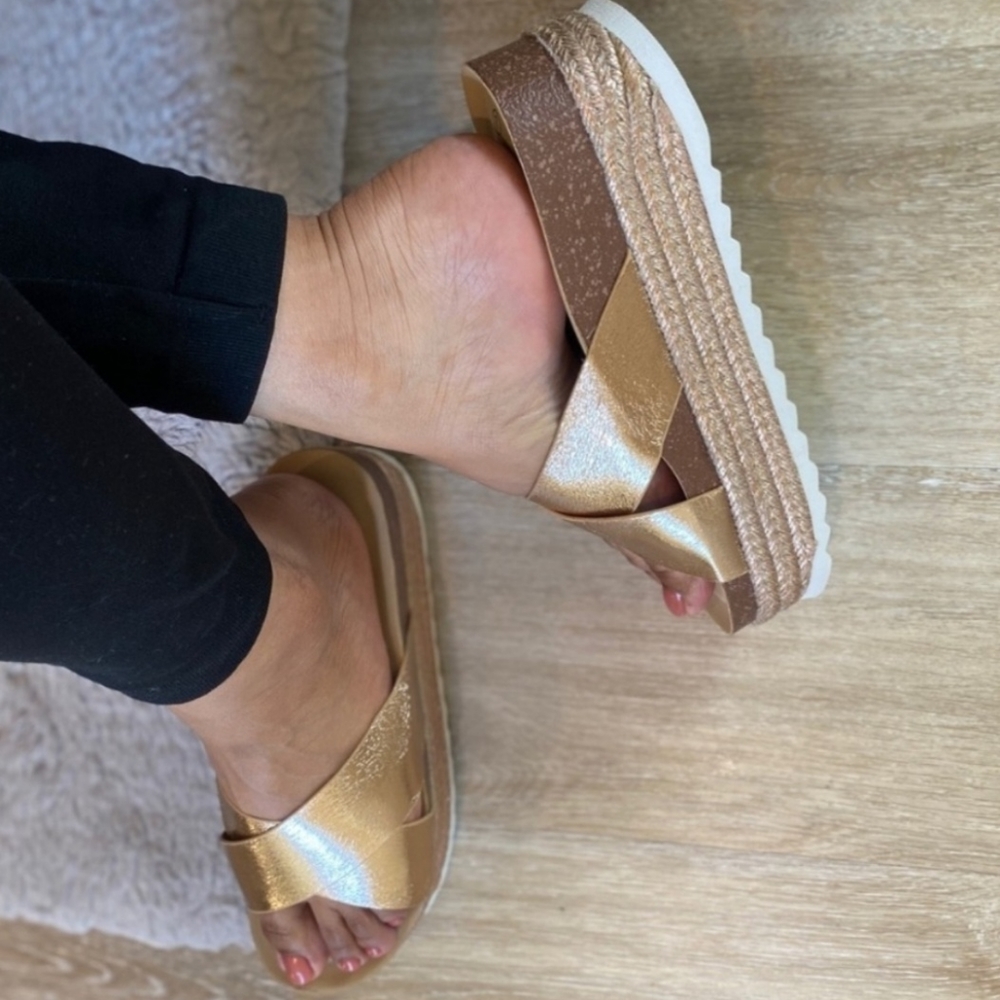 ❤️ 1 left ❤️ Metallic Rose Gold Criss Cross Platform Espardrille Sandals Wedges - Picture 4 of 5